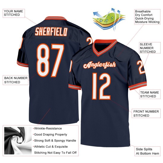 Custom Navy White-Orange Mesh Authentic Throwback Football Jersey Custom Navy White-Orange Mesh Authentic Throwback Football Jersey